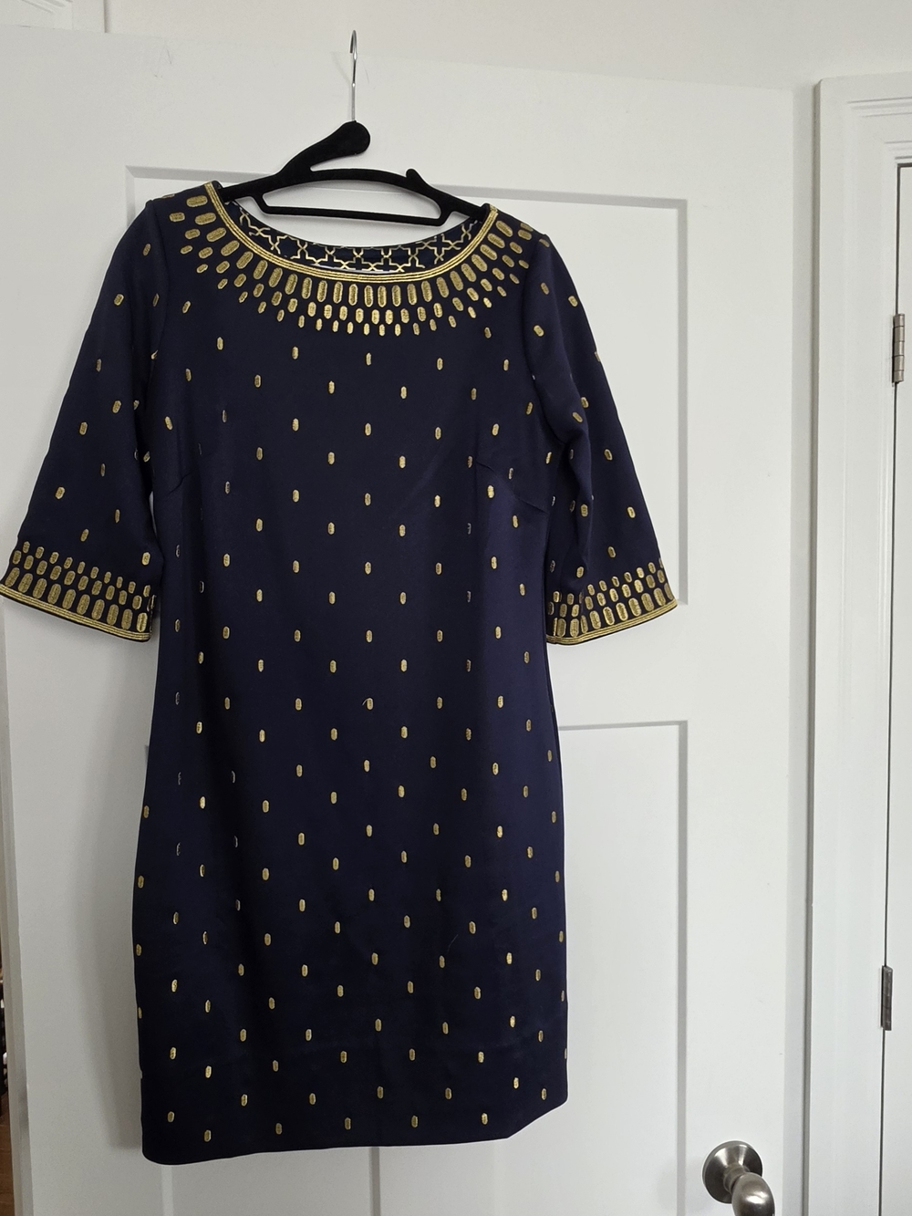 Gretchen Scott Designs Navy and Gold Embroidered Shift Dress